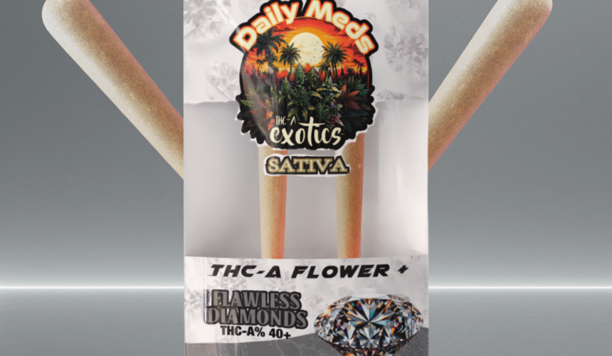 Pave THCA pre-rolls by Daily Meds Exotics, sativa strain with 40%+ THCA and flawless diamonds, sealed 2-pack for premium hemp users