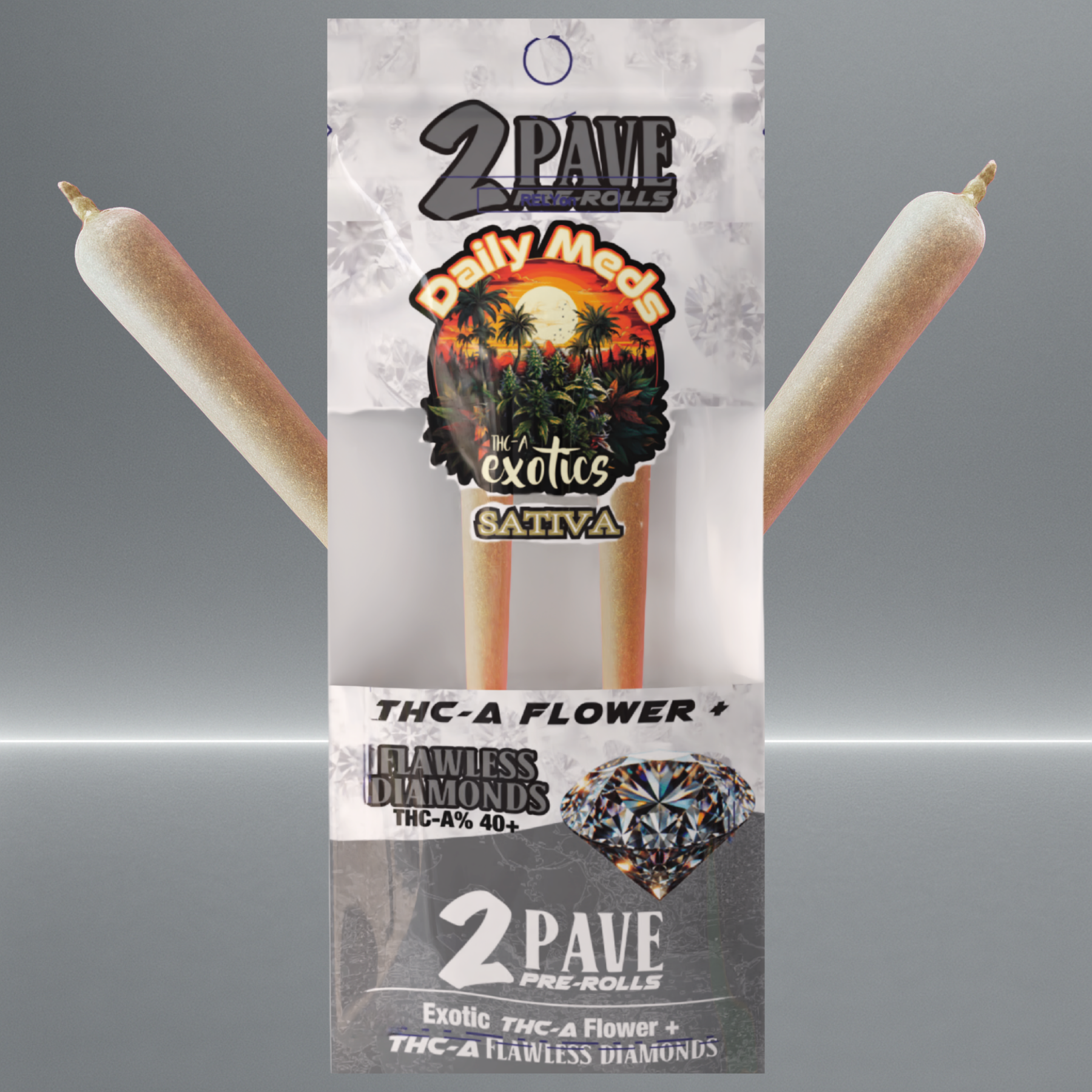 Pave THCA pre-rolls by Daily Meds Exotics, sativa strain with 40%+ THCA and flawless diamonds, sealed 2-pack for premium hemp users